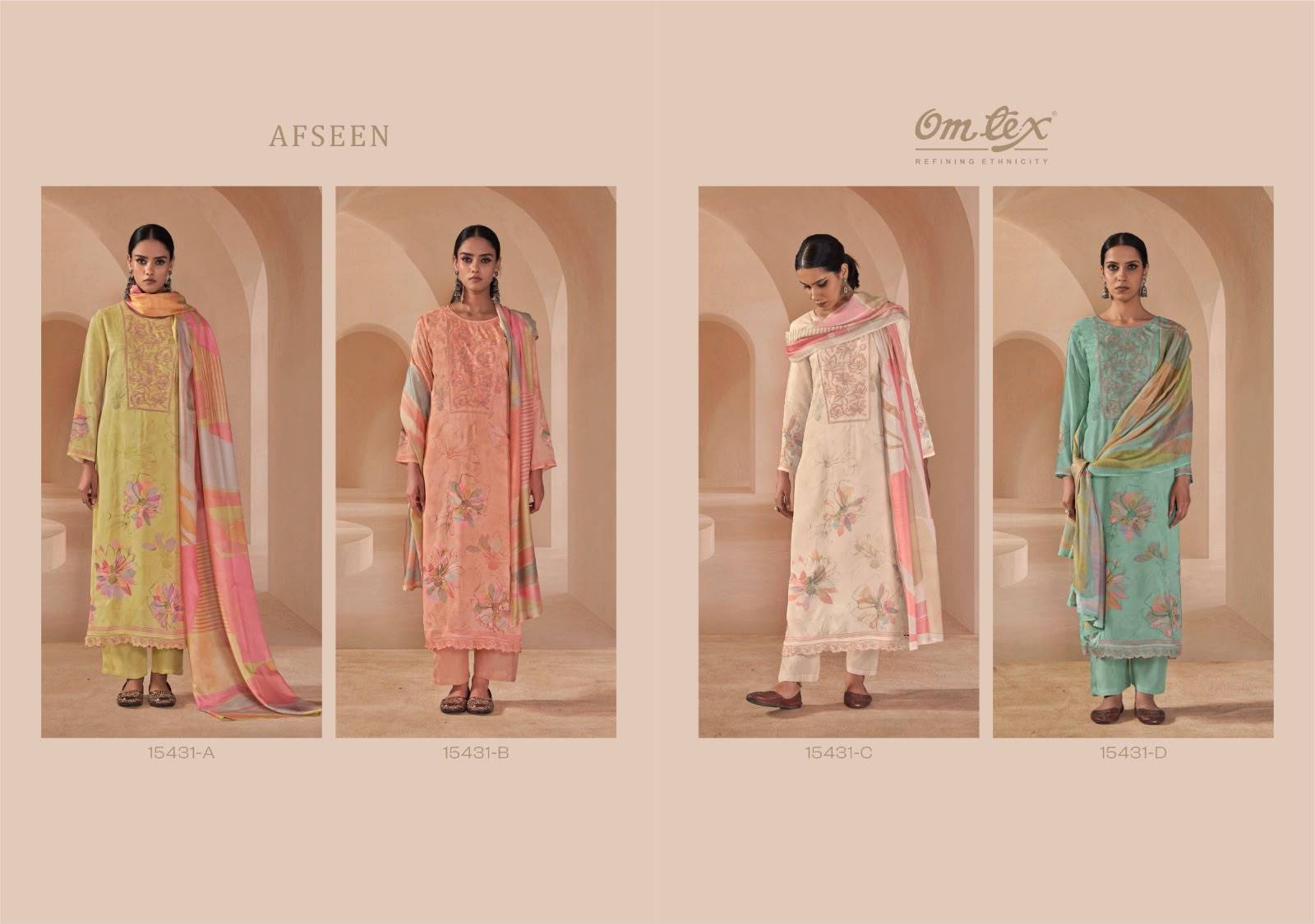 AFSEEN By Om Tex 15431 Series Beautiful Festive Suits Stylish Colorful Fancy Casual Wear & Ethnic Wear Muslin Silk Dresses At Wholesale Price